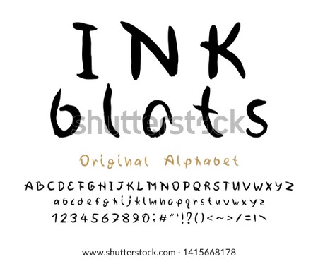 Original handwritten Alphabet. Vector paintbrush typeface. Title Ink blots. English uppercase and lowercase letters, numbers and signs.