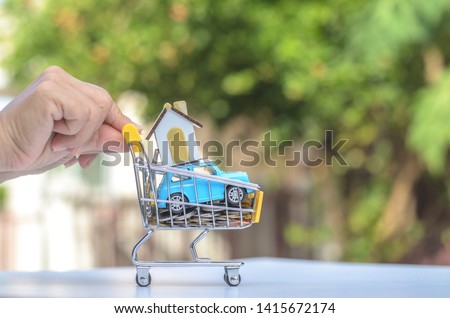 Shopping cart with coins, house, car for retail business. Image use for online shopping, marketing place world wide, business concept.