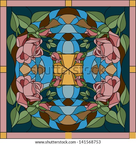 Vector composition with the queen of flowers rose / stained glass window, door and ceiling