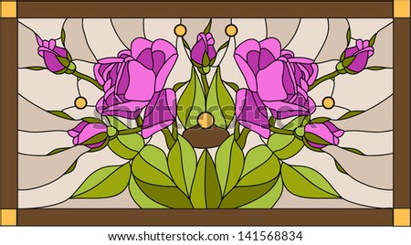 Vector composition with the queen of flowers rose / stained glass window, door and ceiling