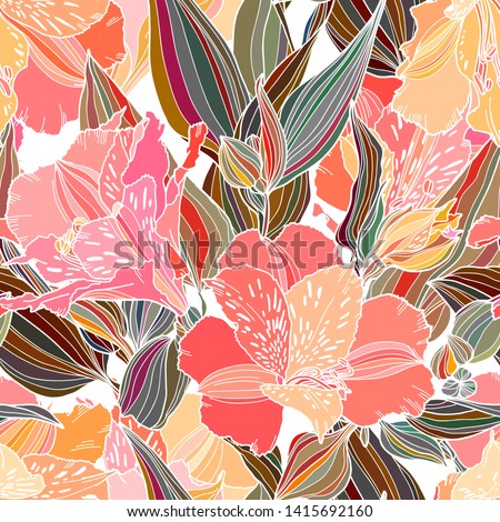 Vector seamless pattern with hand drawn plants. Summer botanical background. Alstroemeria hand drawn bright multi color flowers repeatable wallpaper. Royalty-Free Stock Photo #1415692160