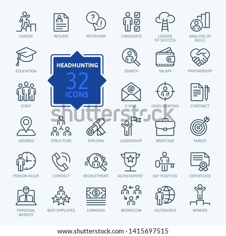 Headhunting And Recruiting minimal thin line web icon set. Included the icons as Job Interview, Career Path, Resume and more. Outline icons collection.
Simple vector illustration. Royalty-Free Stock Photo #1415697515