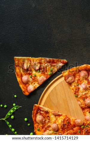 pizza - sausage stuffing, green peas, tomato sauce, cheese. food background. top