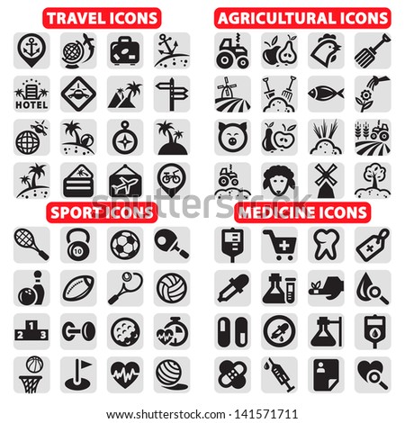 Elegant Vector Travel, Sports, Agriculture And Medicine Icons Set.