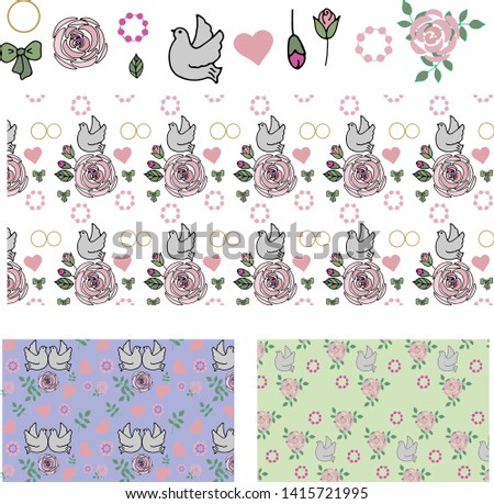 Set of elements for a wedding decor: roses, pigeons, rings. Seamless wedding backgrounds for invitation, cards, packaging. Floral design with decorative elements. Freehand drawing.