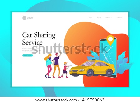 Landing page template mobile city transportation, online car sharing with cartoon family people character and smartphone, online carsharing. Vector flat style illustration
