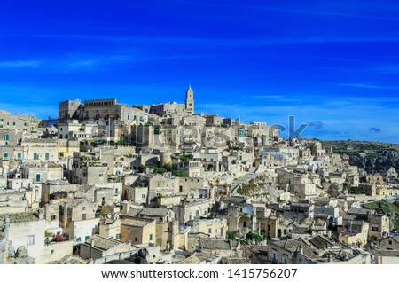 Panoramic view of Matera.Historical centre of Matera "Sassi" contains ancient cave dwellings from the Paleolithic period.Matera was declared Italian host of European Capital of Culture for 2019.