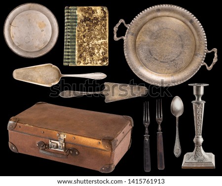 Set of beautiful antique items, picture frames, furniture, silverware. Retro. Vintage. Isolated on black background.
