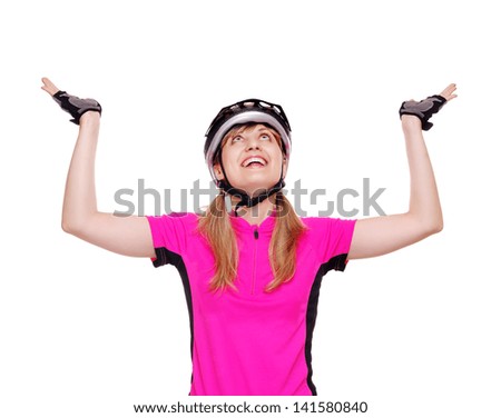 Happy cyclist making a holding gesture