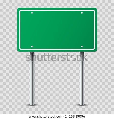 Realistic green traffic sign on two metal poles isolated on transparent background. Rectangular blank traffic road empty sign. Mock up template for your design.
