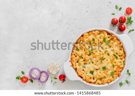 Pasta and Cheese Bake, copy space for your text Royalty-Free Stock Photo #1415868485