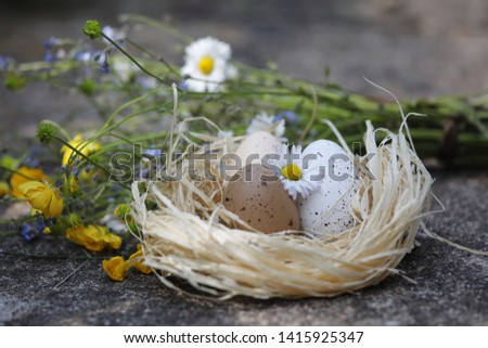 Easternest with easter eggs, colorful flowers from the garden, decoration