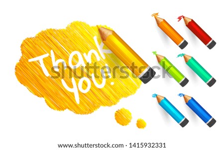 Banner paint with pencils. Hand drawn yellow speech bubble with doodles, set of colorful crayons and written short message on white background. Sketch cloud and quote, lines stroke and scribble