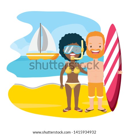 summer time couple with surfboard and mask snorkel beach vector illustration