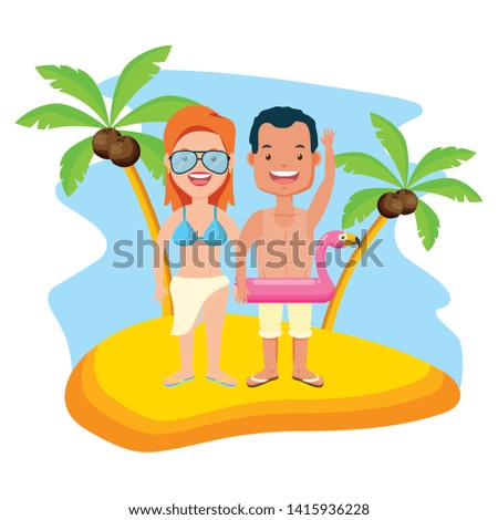 summer time couple with flamingo float beach vector illustration