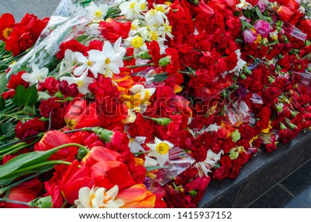 carnations and daffodils with tulips laid at the monument