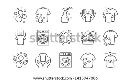 Laundry line icons. Dryer, Washing machine and dirt shirt. Laundromat, hand washing, laundry service icons. Linear set. Vector Royalty-Free Stock Photo #1415947886
