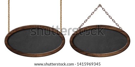 Oval blackboard with dark wooden frame hanging on ropes and chai