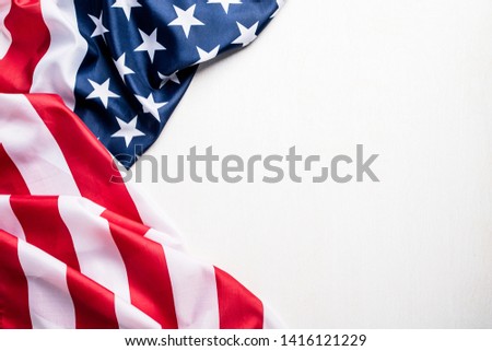 Top view of Flag of the United States of America on white background.  Independence Day USA, Memorial.