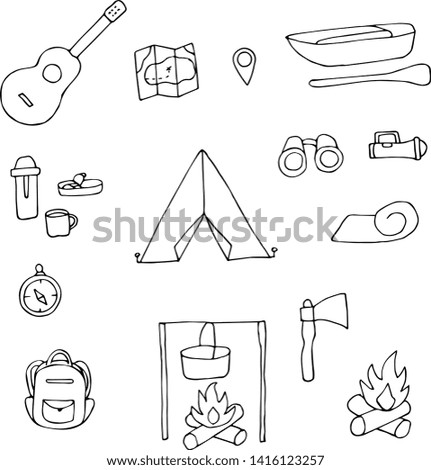 Hand drawn hiking collection. Cartoon vector icons of camping.