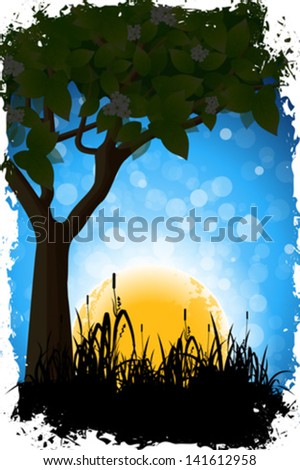 Grungy Nature Background with Tree Flowers and Grass
