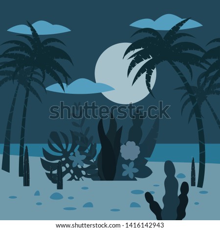 Landscape night tropics exotic flora plants, palm trees, leaves, cacti. Trend Fleet Cartoon Style, Vector, Illustration, Isolated, Banner, Poster, Postcard, Template