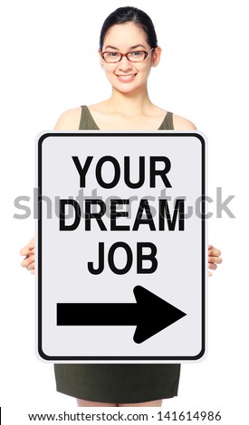 A woman in business attire holding a modified one way directional sign on recruitment 