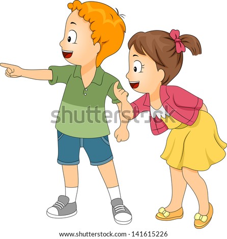 Illustration of Little Male and Female Kids Looking and Pointing Left