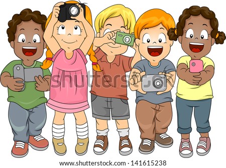 Illustration of Little Boys and Girls taking Pictures with their Cameras