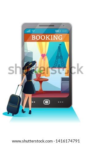 Booking hotel online flat vector illustration. Young girl uses smartphone for online reservation. Cartoon tourist with suitcase. Paris hotel with Eiffel Tower view. Mobile service for traveling 