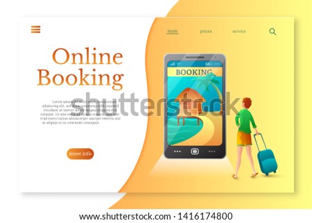 Online booking hotel vector landing page layout. Man uses smartphone to make bungalow reservation. Hotel choosing. Cartoon tourist with suitcase. Online tour searching. Mobile service for traveling