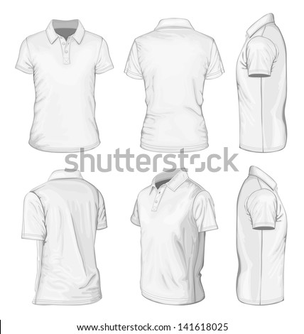 All views men's white short sleeve polo-shirt design templates (front, back, half-turned and side views). Vector illustration. No mesh. Royalty-Free Stock Photo #141618025