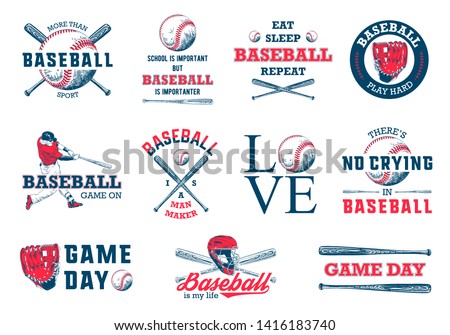 Set of 11 engraved style illustrations for posters, decoration, t-shirt design. Hand drawn baseball sketches with motivational typography isolated on white background. Detailed vintage drawing logo.