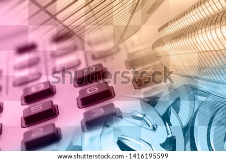 Abstract computer background with keyboard, mail signs and buildings.