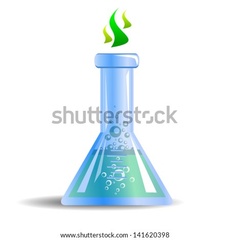 Glass flask with green chemical agent or medical substance - icon isolated on white background. Vector.