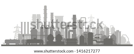 Panoramic industrial silhouette landscape. Stock vector illustration of an industrial zone with chemical factories, plants, train tanker in the flat style  Royalty-Free Stock Photo #1416217277