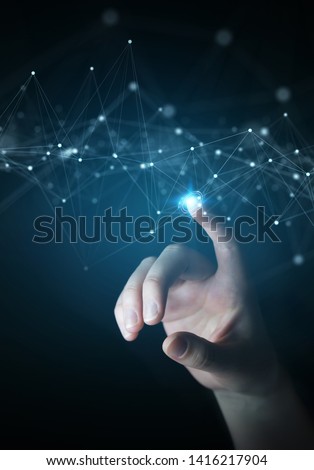 Businessman on dark background using floating digital network connections with dots and lines 3D rendering Royalty-Free Stock Photo #1416217904