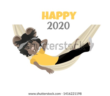 Cartoon rat riding a hammock. Happy 2020. Cute mouse.	