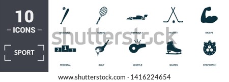 Sport Equipment icons set collection. Includes simple elements such as Football Ball, Baseball, Tennis, Racing Car, Hockey, Pedestal and Golf premium icons.