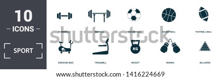 Sport Equipment icons set collection. Includes simple elements such as Biceps, Exercise Bike, Treadmill, Weight, Boxing, and For Sale premium icons.
