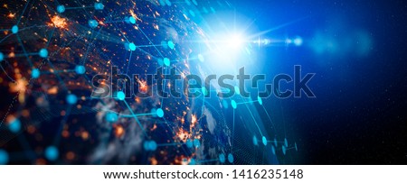 Communication technology for internet business. Global world network and telecommunication on earth cryptocurrency and blockchain and IoT. Elements of this image furnished by NASA Royalty-Free Stock Photo #1416235148