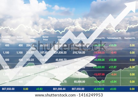 Stock index financial image of Aviation Tourism industry with airline transportation  and travel insurance business successful investment growth for report and presentation background.