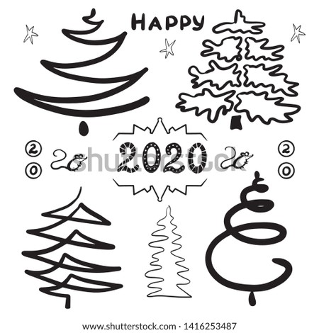 Hand-drawn set of abstract Christmas trees. Clip art for design holidays New Year and Christmas. Black contours, lines. Isolated on white background. Sketch Doodle style. Vector art illustration