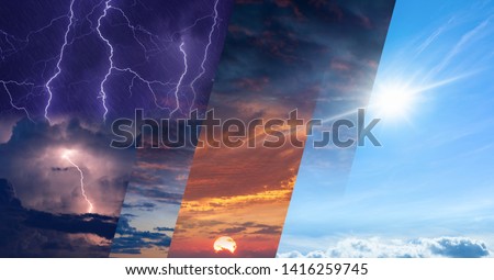 Weather forecast concept, climate change background, collage of sky image with variety weather conditions - bright sun and blue sky, dark stormy sky with lightnings, glowing sunset
