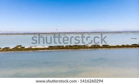View over salt lakes in Spain, with Flamingos