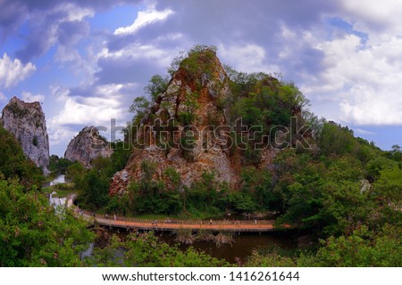 Walkway around Beautiful Ancient Mountain at Khao Ngoo Rock Park, Ratchaburi province, Thailand.