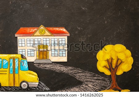 Top view mockup colorful drawing school building with bus and tree on a blackboard with copy space. Flat lay, copy space