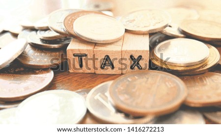 Wooden Text Block of Tax and Pile of Coins