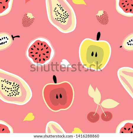 Happy Pink Summer. Seamless vector pattern with tropical fruits, apples, berries and leaves. Retro textile collection.