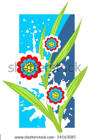 Ornate pattern with red flowers and grunge white blots on a blue background.